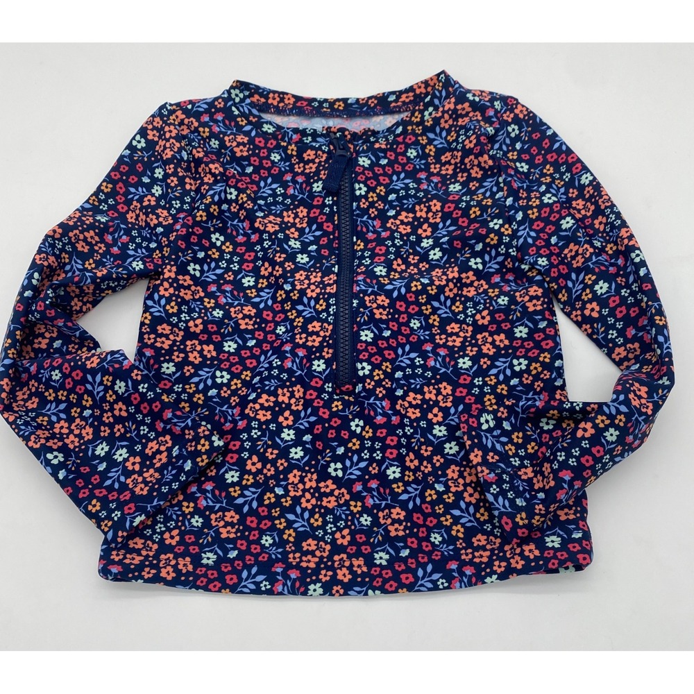 Simple Joys by Carters Girls 2T Navy Floral Long Sleeve Rash‎ Guard Swim Top Zip
